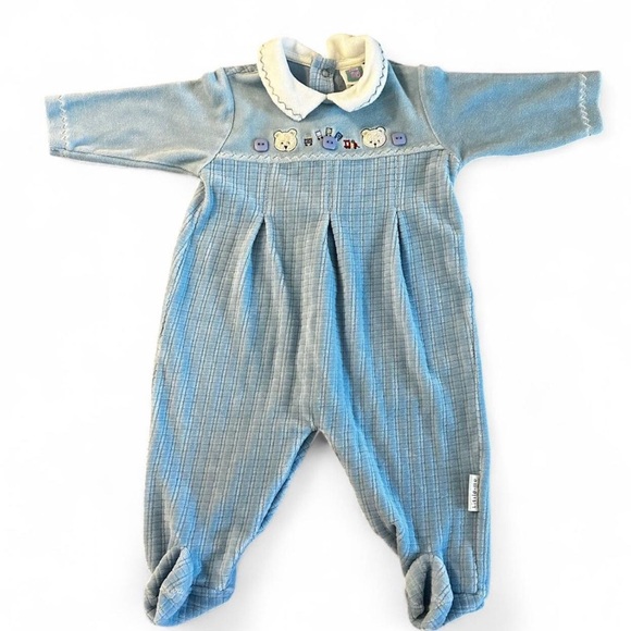 Vintage little me Blue and white soft baby onesie with embroidered teddy bear - Picture 1 of 5